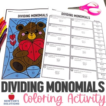 Preview of Dividing Monomials Color by Number Valentine's Day Activity