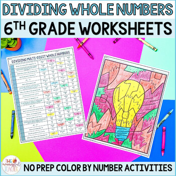 Preview of Dividing Multi-Digit Whole Numbers 6th Grade Color by Number Worksheets 6.NS.2