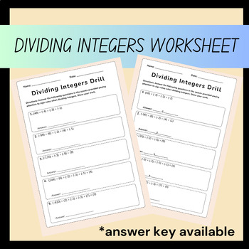Preview of Dividing Integers Math Worksheet for 6th Grade