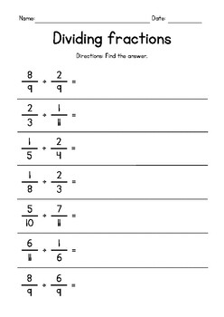 Preview of Dividing Proper Fractions FREEBIE