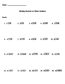 dividing whole numbers by decimals worksheet by kris