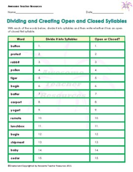 Preview of Dividing and Creating Open and Closed Syllables Worksheet