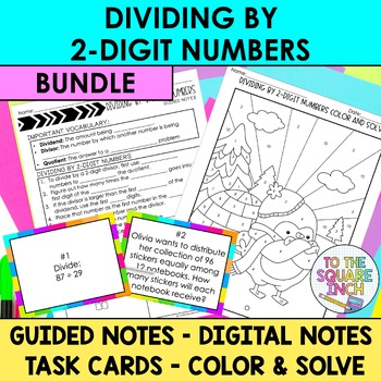 Preview of Dividing by 2-Digit Numbers Notes & Activities | Digital Notes | Task Cards