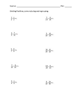 Preview of Dividing fractions worksheet with some reducing and regrouping