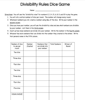 Preview of Divisibility Rules Dice Game