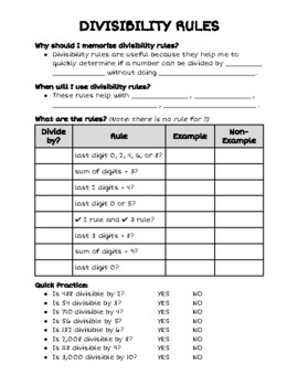 Preview of Divisibility Rules - Guided Notes