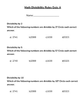 Preview of Divisibility Rules Quiz (2,3,4,5,6,8,9,10)