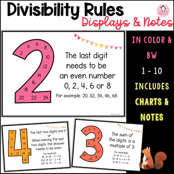 Preview of Divisibility rules multiples rules posters displays notes multiplication