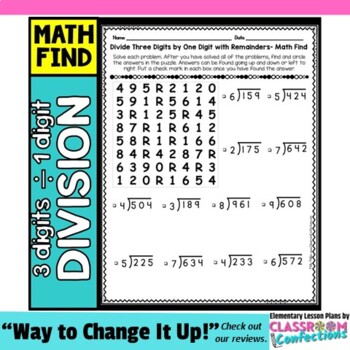 division activity three digit dividend divided by one digit division worksheet