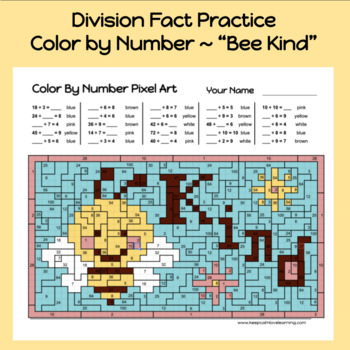 Preview of Bee Kind Division Facts Color by Number Pixel Art