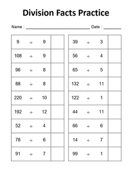 Division Facts 1-12 Worksheets / Division Facts Practice | TPT