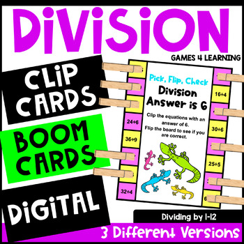 Preview of Division Facts Fluency Practice - Math Boom Cards, Clip Cards & Easel Digital