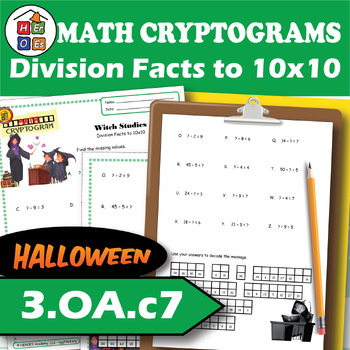 Preview of Division Facts to 10 x 10 | Halloween | Cryptogram Puzzle | 4th Grade