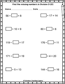 Division Find the missing numbers on different layout (1-20) Worksheet Math