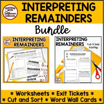 Preview of Interpreting Remainders Practice Worksheets, Vocabulary Cards, and Assessment