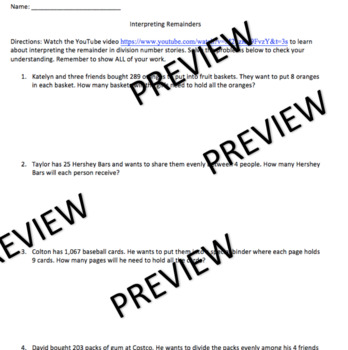 Preview of Division Number Stories: Interpreting Remainders Video Lesson(Distance Learning)