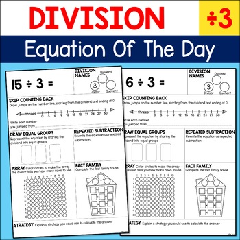 Preview of Division Practice Equation of the Day Math Fact Fluency Worksheets - Divide by 3