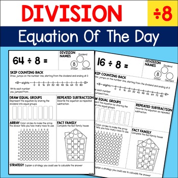 Preview of Division Practice Equation of the Day Math Fact Fluency Worksheets - Divide by 8