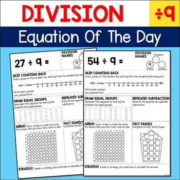 Preview of Division Practice Equation of the Day Math Fact Fluency Worksheets - Divide by 9
