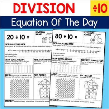 Preview of Division Practice Equation of the Day Math Fact Worksheets - Divide by 10