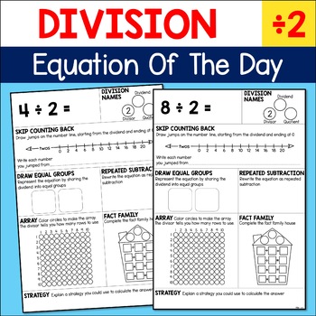 Preview of Division Practice Equation of the Day Math Worksheets - Divide by 2 - Halving