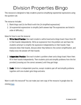 Preview of Division Properties of Exponents Bingo