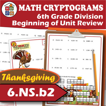 Preview of Division Review (Beginning of Unit) | Thanksgiving | Cryptogram Puzzles | 6th