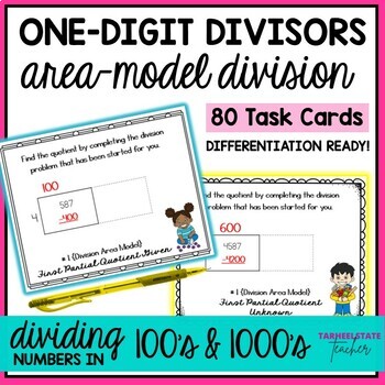 Preview of Area Model Division for 3 Digit by 1 Digit and 4 Digit by 1 Digit Task Cards
