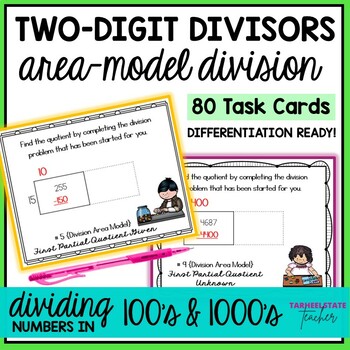 Preview of Area Model Division with 2 Digit Divisors Task Cards Activities or Math Centers