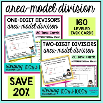 Preview of Area Model Division 1 Digit and 2 Digit Divisors Task Cards Activities