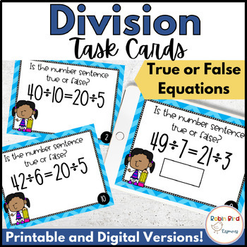 Preview of Division Task Cards Math Centers - Division Equations True or False