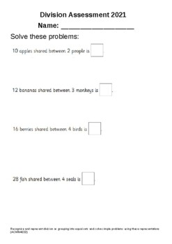 Preview of Division Test Assessment ACARA Year 2 Australia