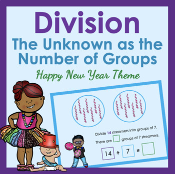 Preview of Division Unknown Number of Groups (Happy New Year) Digital Boom Cards™