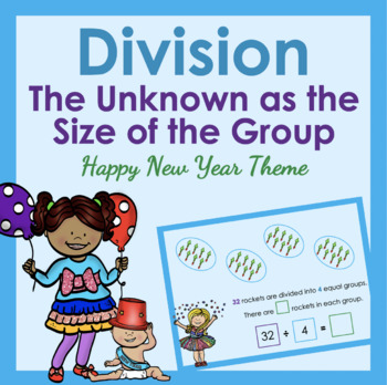 Preview of Division Unknown Size of the Group (Happy New Year Theme) Digital Boom Cards™