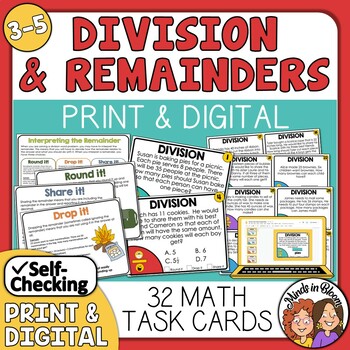 Preview of Division Task Cards - Interpreting the Remainder Word Problems + Anchor Charts