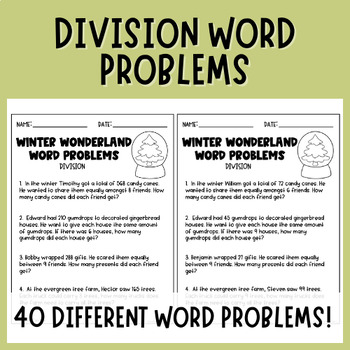 Preview of Division Word Problems | Christmas | Winter | Intermediate Math Worksheets