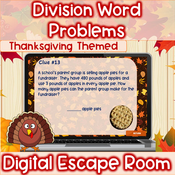 Preview of Division Word Problems Thanksgiving Themed Digital Escape Room