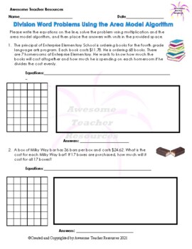 Preview of Division Word Problems Using the Area Model Algorithm Worksheet