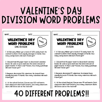 Preview of Division Word Problems | Valentine's Day | Intermediate Math Worksheets