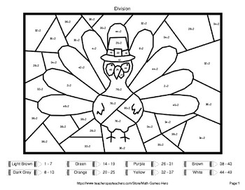 Division by 2, 3, 4 - Thanksgiving Day Coloring Pages | Color by Number