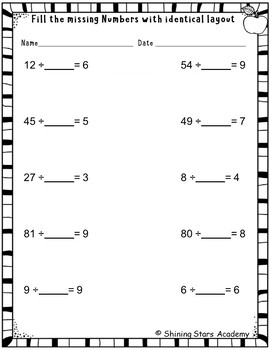 Division Missing Numbers Fill In The Blanks With Identical Layout (1-10 