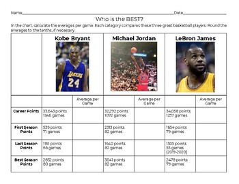 Preview of Division of Decimals- Comparing Kobe Bryant, Michael Jordan, and LeBron James