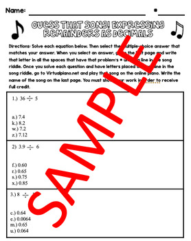 Preview of Division with Decimals Piano worksheet (Holiday edition)