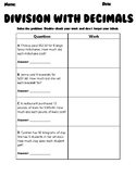 Division with Decimals Word Problems Practice Sheet