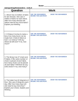 Preview of Division with Interpreting Remainders 4th Grade Common Core 4.OA.3