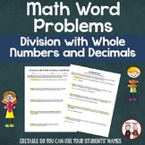 Division with Whole Numbers and Decimals Editable Word Problems