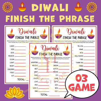 Preview of Diwali Finish the Phrase activity word problem crossword middle high school 6th