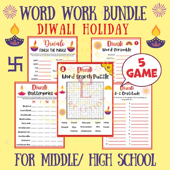 Preview of Diwali Indian word work BUNDLE phonics center word scramble main idea middle 9th