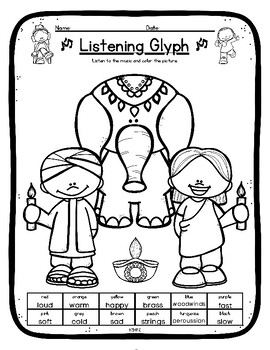 Preview of Diwali Listening Glyph Elements of Music Coloring Worksheet Activity
