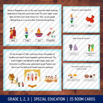 Diwali Reading comprehension passages with visuals Boom cards by Piggybooks